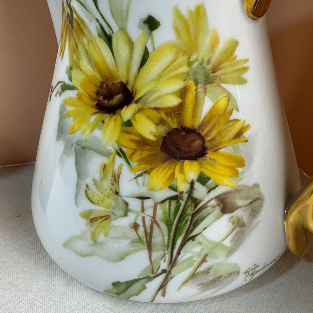 Rita Rauchwerger Hand Painted Floral Pitcher with Gold Handle - Picture 3 of 15